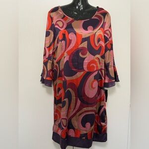 Mix It Multicolor Satined Abstract Swirl Long Sleeve Dress Size 10 NWT